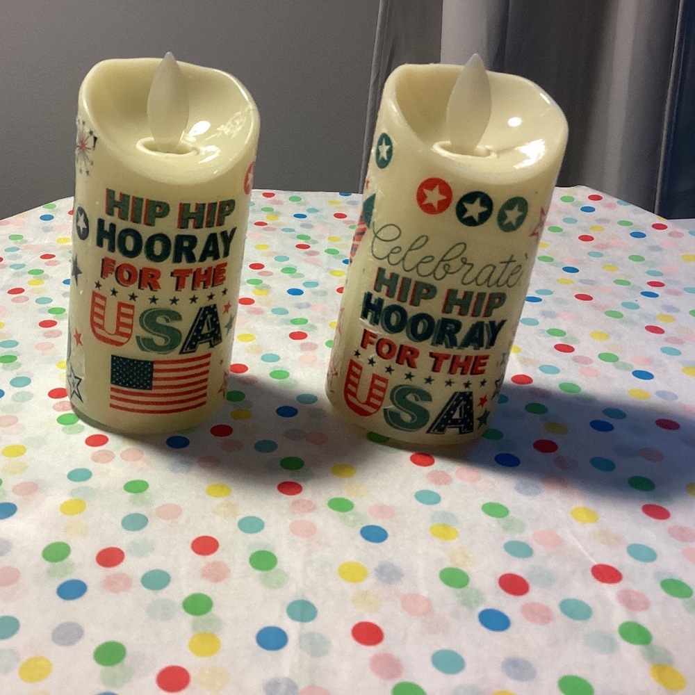 Pair Flameless candles patriotic red white blue Flag centerpiece holiday set USA